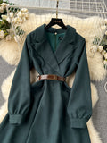 Stylish Belt Lapel Collar Dark Green Maxi Dress