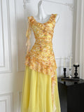 Floral Tiered Skirt One Shoulder Yellow Dress