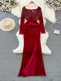 Luxurious Beaded Velvet Long Dress with Sultry Leg Slit