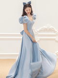 Blue Satin Beading Square Neck A Line Puffy Sleeve Prom Dress