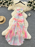 Multicolored Chiffon Criss Cross Straps Maxi Dress