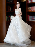 Flowers Tulle A Line Two Piece Square Wedding Dress