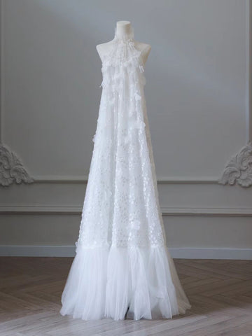 A Line Halter White Flower Wedding Dress