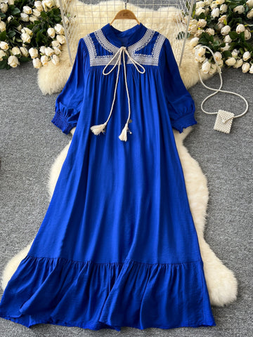 Puff Sleeves Royal Blue Crochet Long Maxi Dress Yellow