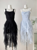 Ruffled Bodice Black Tulle Asymmetric Hem Dress