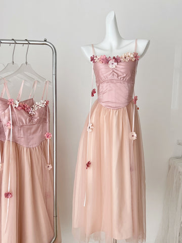Flower  Romantic Pink Spaghetti Strap Maxi Dress
