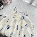 Blue Floral Print White Halter Neck Top