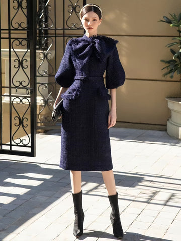 Spring New Tweed Mid-Sleeve Bow Design Slim Dress