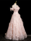Pink 3D Flower Off The Shoulder Prom Dress