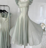 Sage Green Puffy Sleeve Summer Chiffon Long Dress