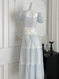 Elegant Blue and White Lace Tiered Dress