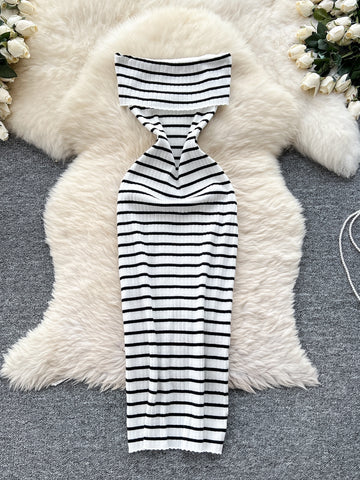 Black Off Shoulder Striped Halter Maxi Dress White Black Off Shoulder Striped Halter Maxi Dress White