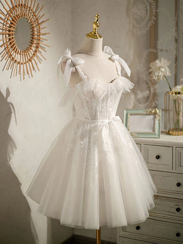 White Tulle Appliques Bow Homecoming Dress