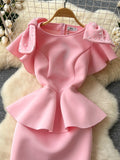 Decorative Shoulder Pearls Elegant Pink Dress