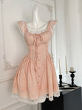 Fitted Bodice Vintage-Inspired Lace-Trimmed Pink Dress