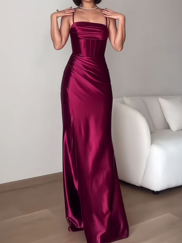 2024 Dark Red Satin Mermaid Lace Up Party Maxi Dress Sassymyprom 2024 Dark Red Satin Mermaid Lace Up Party Maxi Dress Sassymyprom