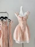 Fitted Bodice Vintage-Inspired Lace-Trimmed Pink Dress