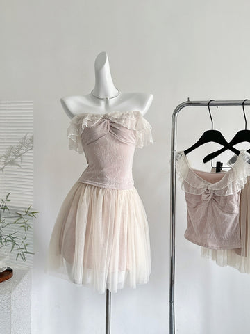 Charming Off Shoulder Pink Tulle Mini Dress