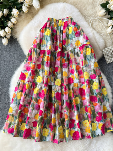 Vivid Blossom Tiered Maxi Skirt