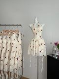 Vibrant Red Floral Motifs Halter Top Ivory Dress