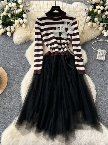 Striped Top Floral Knit Tulle Dress