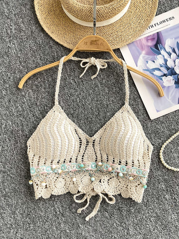 Delicate Bead & Pearl Crochet Halter Top