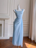 Ruched Tea Length Sheath Column Blue Chiffon Party Dress