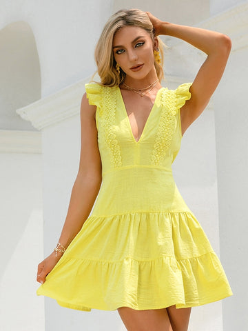 Canary Flounce Lace V-Neck Ruffle Mini Dress
