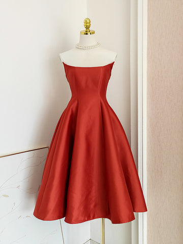 Red A Line Ankle Length Strapless Satin Homecoming Dress