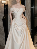 Saitn Ruched A Line Off The Shoulder Wedding Dress