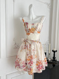 Vivid Floral Print Waist Tie Elegant Short Dress