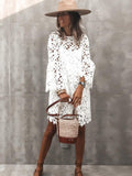 Round Neck Lace Long Sleeve Hollow Dress