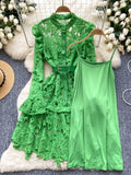 Elegant Belt Matching Slip Green Lace Dress