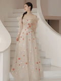 Long Sleeve Champange Floral Princess Prom Dress