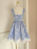 Beading Pearls Short Mini Print Straps Blue Homecoming Dress