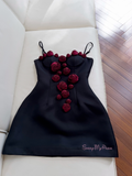 Short Mini Spaghetti Straps Black Rose Flowers Homecoming Dress