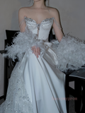 Trumpet Mermaid Puffy Sleeve Beading Satin Feather Wedding Dress