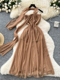 Soft Brown Long Drape  Halter Neck Dress