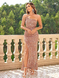 Rose Radiance Sequin Gown with Side Slit