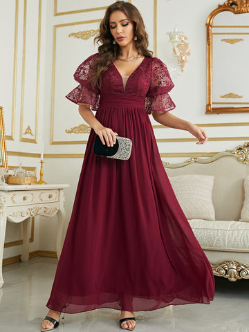 puff chiffon red dress Burgundy Puff Sleeve Chiffon Bridesmaid Dress – Sassymyprom