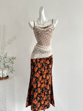 Midi Skirt Sheer Lace Cami Top Floral Print Set