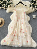 Cream Sheer Tulle Multicolored Flower Summer Dress