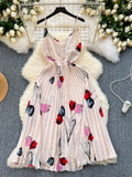 Enchanting Beige Pleated Skirt Floral Dress