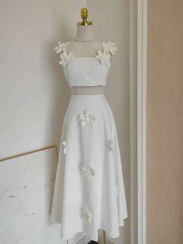 White A Line Satin Flowers Two Piece Homecoming Dress Sassymyprom White A Line Satin Flowers Two Piece Homecoming Dress Sassymyprom
