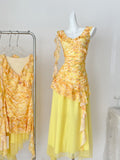Floral Tiered Skirt One Shoulder Yellow Dress