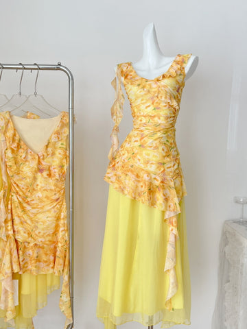 Floral Tiered Skirt One Shoulder Yellow Dress