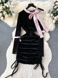 Black Satin Bow Cut-Out Velvet Dress