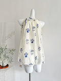 Blue Floral Print White Halter Neck Top