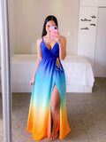 Summer Slit Sexy Button Waist Rainbow Maxi Dress