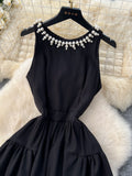 Pearl Trimmed Black Formal Dress